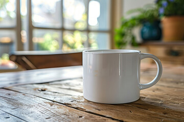 A blank white coffee mug sits on an old wooden table, with a blurred background of the kitchen and living room in soft focus, centered in the frame.