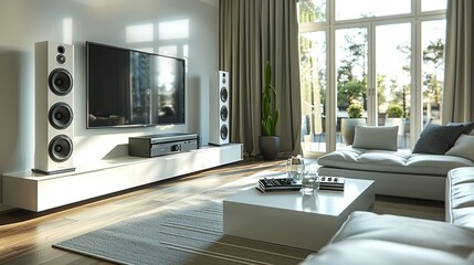 A 3D model of a modern home theater system, with its sleek speakers and advanced controls, set against a clean, minimalistic background for emphasis.
