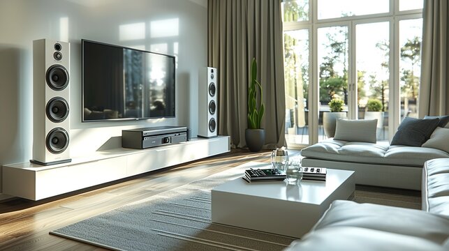 A 3D model of a modern home theater system, with its sleek speakers and advanced controls, set against a clean, minimalistic background for emphasis.