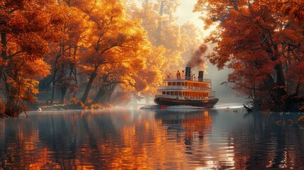 Obraz premium A blank-style rendering of an old-fashioned paddle steamer chugging along a peaceful river, surrounded by autumn foliage