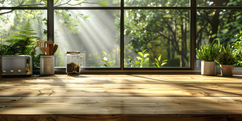 An empty wooden kitchen counter with a window in the background, bathed in soft, natural light that creates gentle shadows and highlights.