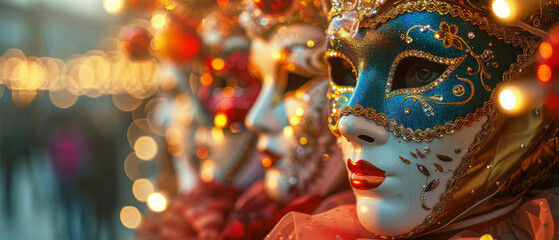 Colorful masks on display at the bustling carnival, with a soft bokeh background.