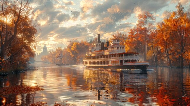 A blank-style rendering of an old-fashioned paddle steamer chugging along a peaceful river, surrounded by autumn foliage