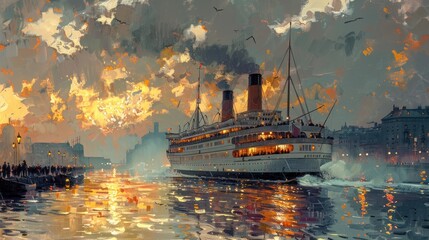 A blank-style depiction of a vintage steamship departing from a historic port, with passengers waving goodbye