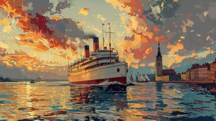 A blank-style depiction of a vintage steamship departing from a historic port, with passengers waving goodbye
