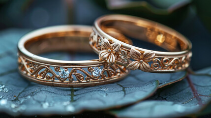 A pair of gold wedding rings with diamonds on the ring face, featuring floral patterns and clear diamond inlay, shining brightly under soft lighting.