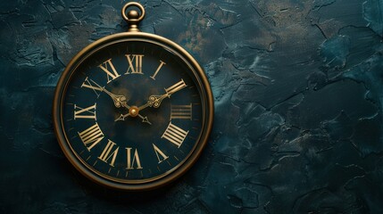 Clock 10:00 with roman numerals on dark blue background, Copy space. generative AI image