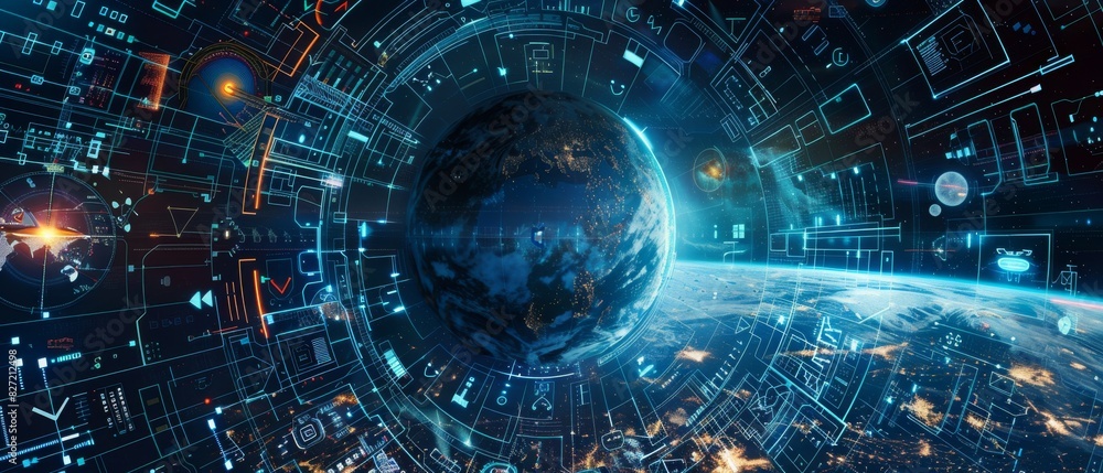 Poster tech universe a universe filled with tech elements and earth at the center