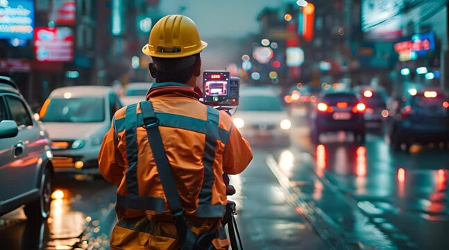 Sri Lankan engineer wearing a safety jacket and measuring sound levels on a busy street using a Bruel & Kjaer B&k 2250 Sound Level Meter Analyzer