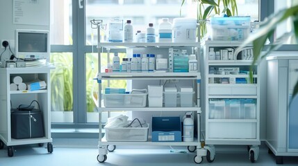 Medical supply cart in a well-lit hospital room with various healthcare items.