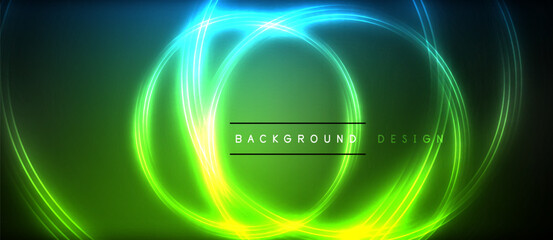 Neon glowing circle rays, light round lines in the dark, planet style neon wave lines. Energetic electric concept design for wallpaper, banner, background