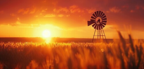  A lone, weathered windmill silhouetted against a fiery orange sunset, its blades casting long shadows across a field of golden wheat. 
