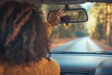 Rear view of a woman adjusting the rearview mirror in her car while driving through a scenic, sunlit autumn road