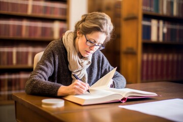 mature woman doing research in library