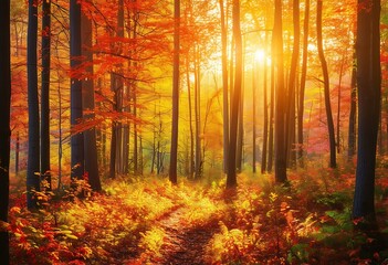Obraz premium Golden Morning: Autumn Nature Landscape of a Colorful Forest Bathed in the Warm Light of Morning Sunlight, Evoking the Tranquility and Beauty of the Season. 