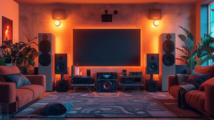 A 3D illustration of a modern home theater system, with its sleek speakers and advanced controls, set against a bright, single-color background for visual appeal.