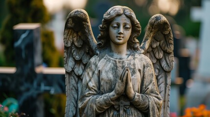 Fototapeta premium An obsolete statue of an angel with a cross at a burial in a cemetery. Concept of burial, death.