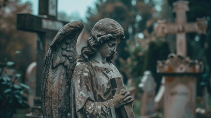 An obsolete statue of an angel with a cross at a burial in a cemetery. Concept of burial, death.