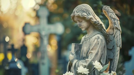 An obsolete statue of an angel with a cross at a burial in a cemetery. Concept of burial, death.
