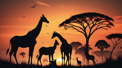 Silhouette savannah animals sunset, Generative AI
