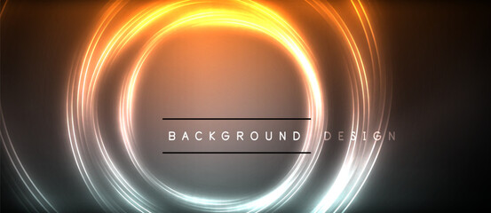 Neon glowing circle rays, light round lines in the dark, planet style neon wave lines. Energetic electric concept design for wallpaper, banner, background
