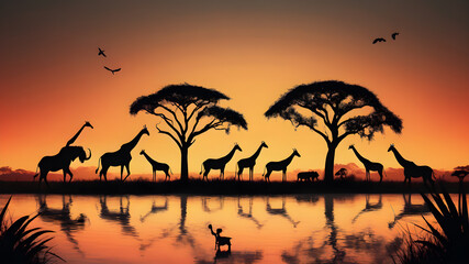 Silhouette savannah animals sunset, Generative AI