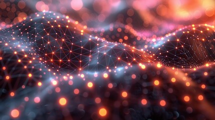 Obraz premium A high-tech 3D model of a global database system, with bright data nodes and lines illustrating the flow of information, all set within a colorful, luminescent environment with a soft bokeh effect.