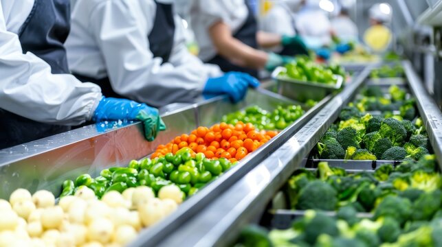 a food processing line with workers sorting and handling various fresh vegetables like tomatoes, bell peppers, and broccoli.