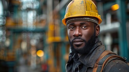 african american laborer in a hard hat and work attire positioned next to a manufacturing facility