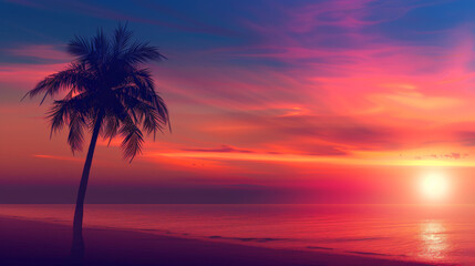 Silhouette of a lone palm tree against a colorful sunset sky, beach and horizon in the background, warm glow, realistic photography, sharp focus, tropical sunset