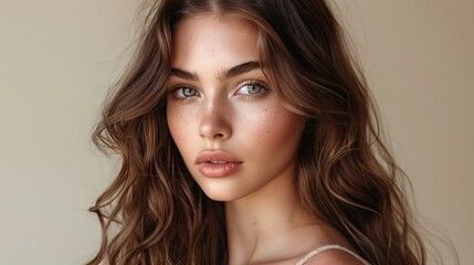 Fototapeta premium brunette girl with long and shiny wavy hair beautiful model with curly hairstyle