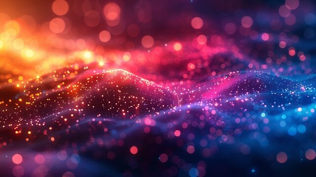 A creative depiction of a global database network, with interconnected data points glowing in a spectrum of colors, set within a vibrant, bokeh-rich environment to symbolize the flow of information.