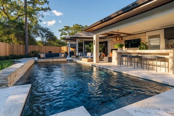 : A picturesque backyard with a geometric pool design, accented by colorful mosaic tiles, floating water lilies, and sleek wooden loungers,