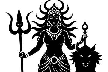 Durga and the demon vector silhouette illustration