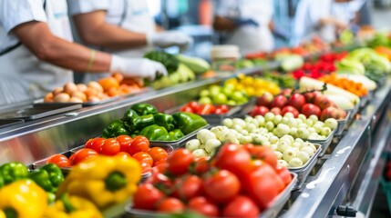 Workers sorting and inspecting vegetables on a conveyor belt before they enter the cleaning process.