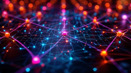 Fototapeta premium A creative 3D model of a global database network, showcasing interconnected data points and pathways illuminated by bright colors, with a bokeh-enhanced background to symbolize the flow of