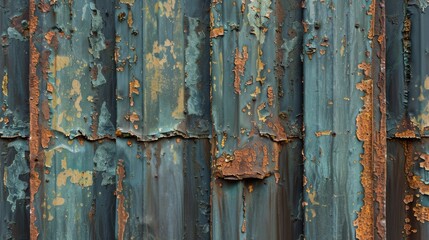 a close-up of a weathered corrugated metal surface rust and peeling paint Textured background