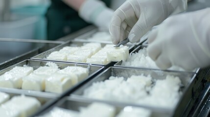 a close-up view of a cheese-making process with gloved hands and metal containers.