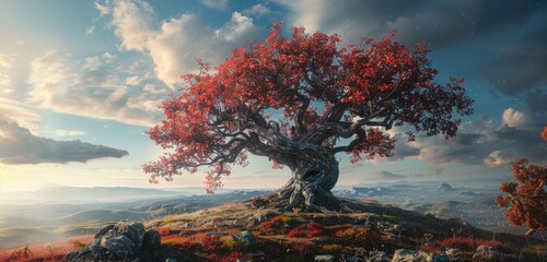  A majestic oak tree with gnarled branches and vibrant crimson leaves, standing alone on a windswept hilltop overlooking a vast landscape. 
