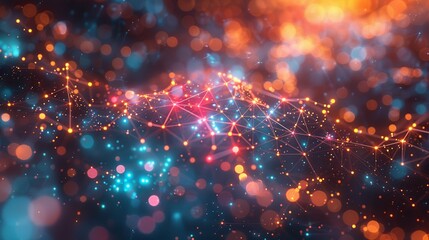 An engaging visualization of artificial intelligence, featuring a neural network with colorful, glowing connections, set against a vibrant background with a bokeh effect to convey technological