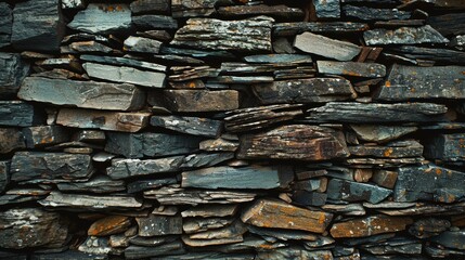 Textured background of stone wall stacked stones with rough and uneven surface.  shades of gray, black, and brown