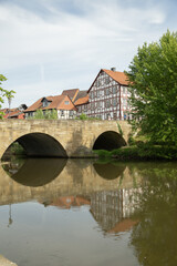 Obraz premium Bridge to The old Town of Bad Sooden Allendorf in the Werra Valley, Germany. Vertical frame