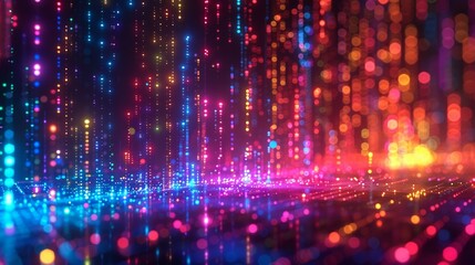 A vibrant 3D rendering of big data analytics, showing intricate data pathways and nodes illuminated by various colors, set against a dynamic, glowing environment with a subtle bokeh effect.