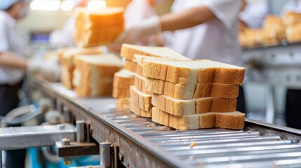 a food production line, highlighting sliced bread on a conveyor belt with workers in the background