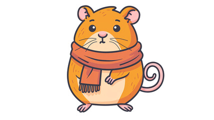 A cute cartoon hamster wearing a scarf. The hamster is standing on its hind legs and looking at the viewer with a curious expression.