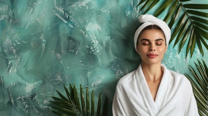 A woman enjoying a spa day standing against a textured green background with palm leaves, promoting