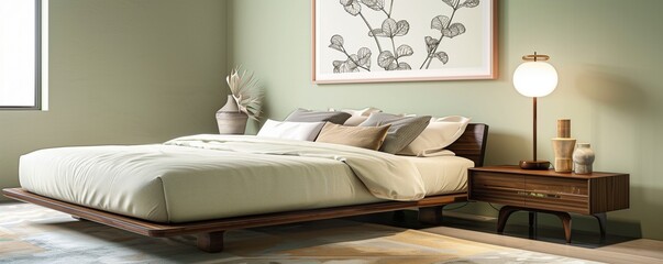 A sleek bedroom with walls in a soft sage green