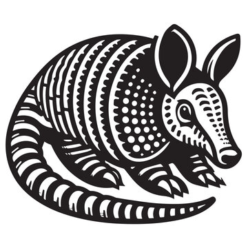 recommend clip art: This image features a black armadillo on a white background. The armadillo has a striped pattern on its back and a striped tail. 