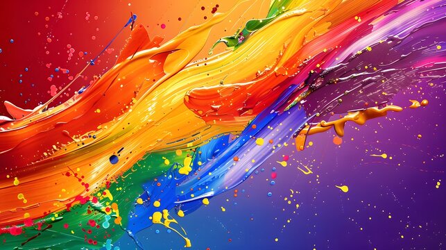 Abstract and artistic Pride Month backdrop with rainbow brush strokes and splashes, ideal for creative and artistic projects