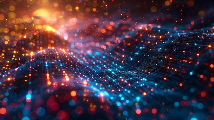 Fototapeta premium An abstract depiction of a neural network, with colorful data streams and nodes glowing against a dynamic background with a bokeh effect, representing the complexity of AI technology.